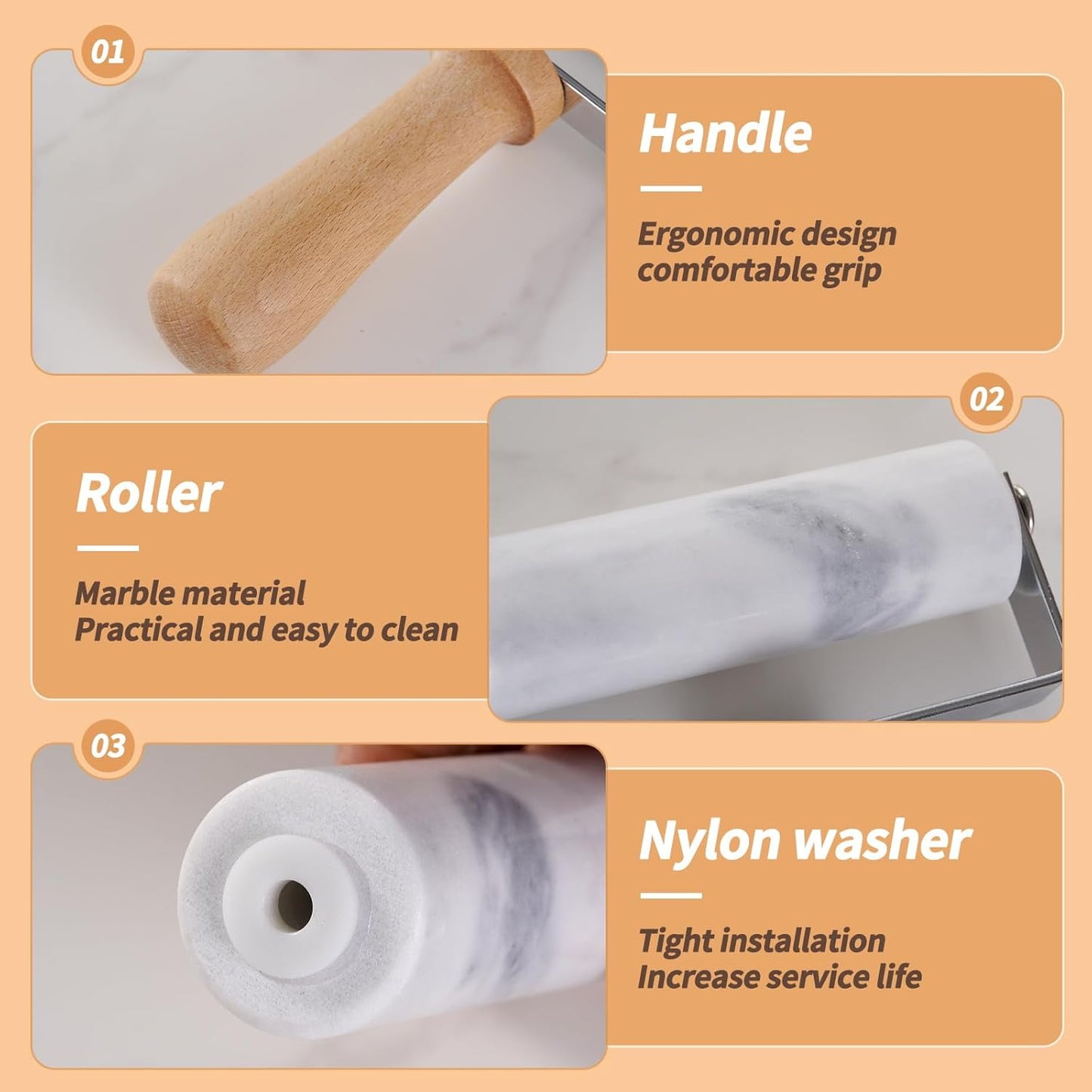 Small Marble Rolling Pin Pizza Roller with Dough Scraper Cutter, Marble Roller Non-Stick T-Type, For Cake Baking Tortilla Fudge Pizza Cookies and Other Kitchen Baking Cooking(White)