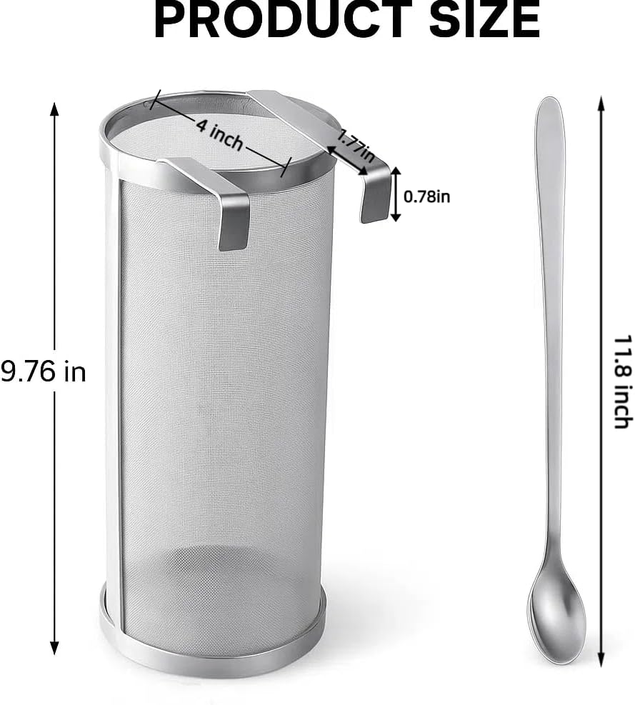 Gekufa 4×10 Inch Hop Spider 300-Micron Stainless Steel Hop Filter with Spoon – Homebrew Strainer for Beer Brewing, Tea, Coffee, Compost Tea (4×10 inch)