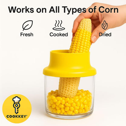 Corn Stripper & Peeler Tool with Built-In Bowl – Safe Non-Slip Handle, Fast Corn Kernel Cutter & Cob Remover, Multi-Purpose Grater for Corn, Ginger & Vegetables (Yellow) - COOKKEY