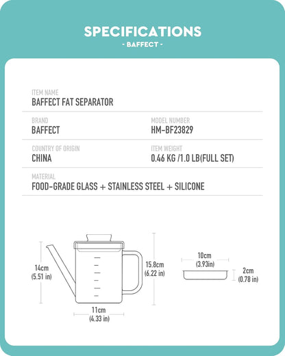 Baffect Glass Fat Separator, Bacon Grease Container with Strainer, Frying Oil Storage Can for Cooking (1L /4 Cups)