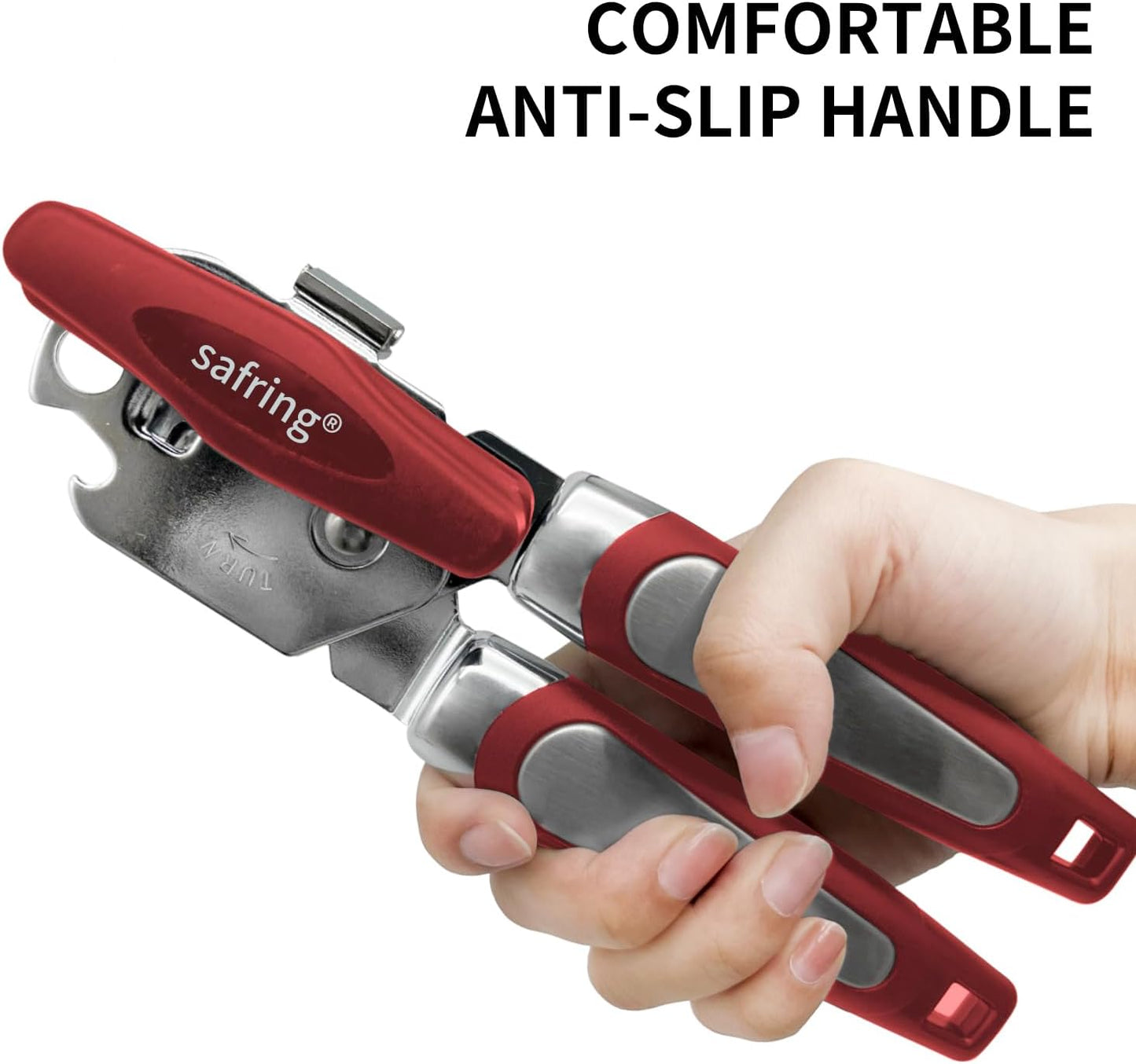 Safring Can Opener Manual with Magnet, Stainless Steel Handheld Heavy Duty Can Opener, Sharp Blade Smooth Edge, Comfortable Handle, Can Openers with Multifunctional Bottle Opener, Red