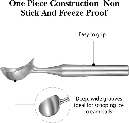 Ice Cream Scoop Stainless Steel, Ice Cream Scooper Seamless Design Comfortable Grip Long Handle for Gelato, Sorbet, Cookie Dough, Melon, Frozen Yogurt