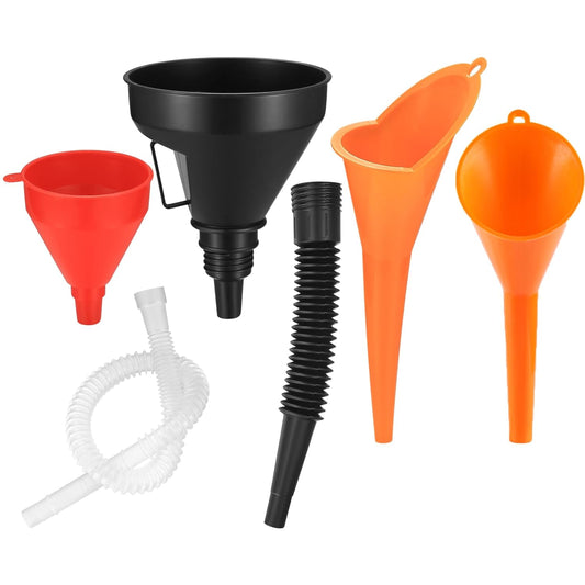 5 Pcs Automotive Funnels Set, Wide Mouth Fuel Funnel, Plastic Long Neck Oil Funnel, Flexible Right Angle Funnels, with Detachable Spout and Filter for Water/Gasoline/Coolant/Engine Oil