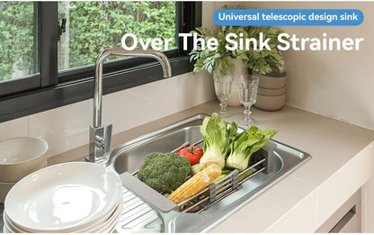Adjustable Dish Drying Rack with Stainless Steel Drain Basket Over-The-Sink - Portable & Telescopic Space-Saving Solution for Fruit Vegetable