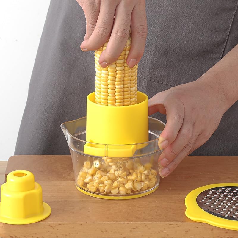 Corn Cob Stripper Tool with Bowl & Comfort Grip - 2-in-1 Kernel Cutter and Grater for Garlic Ginger, Corn Peeler and Grinder Set with Container, Easy Corn Kernel Remover