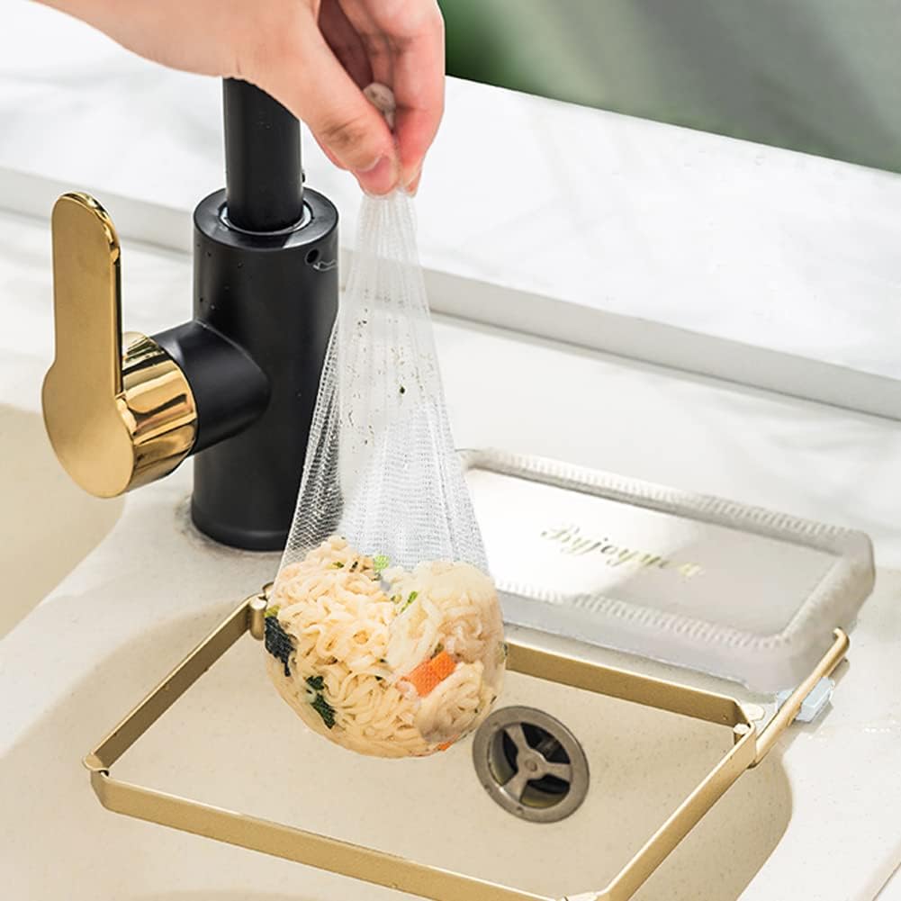 Foldable kitchen sink filter basket | 100 disposable mesh bags | Food waste disposal gadget (white)