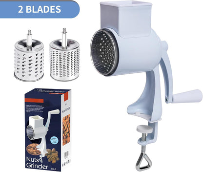 Manual Nut Chopper Grinder, Rotary Cheese Grater Hand Crank Cheese Shredder Multifunctional Dried Fruit Crusher Peanut Masher Grinding Device for All Nuts Walnut Pecan Double Sword White