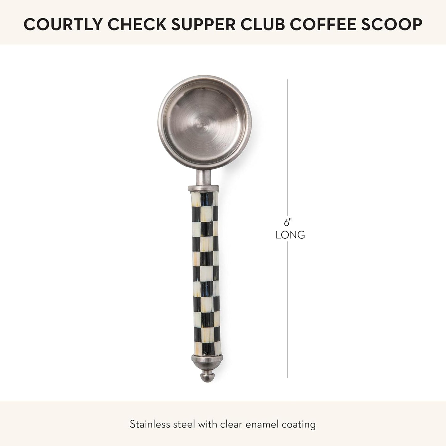 MACKENZIE-CHILDS Supper Club Coffee Scoop, Cute Measuring Scoop for Coffee or Tea Leaves, Coffee-Bar Accessory, Black-and-White Courtly Check