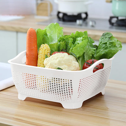 Double-layer Plastic Fruits Vegetable Washing Basket Food Storage Multi-layer Stackable Vegetable Sinks Wash Drain Basket for Kitchen (White)