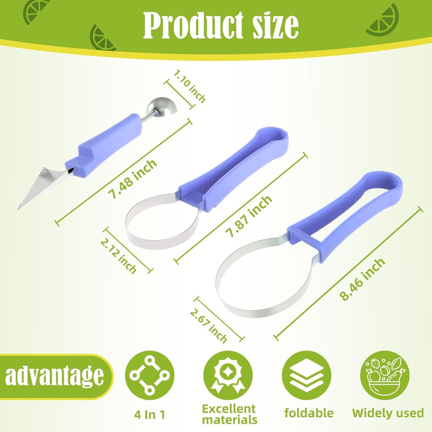 Suuker Melon Baller Scoop Set,4 In 1 fruit cutters shapes, watermelon scooper fruit scooper and baller, fruit carving tools（Green）