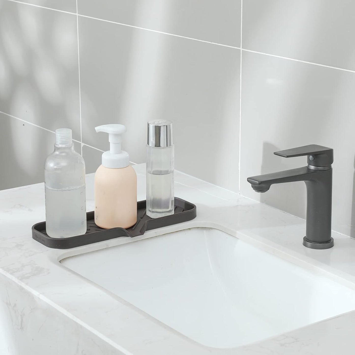 MicoYang Silicone Soap Dish with Drain Spout, Self-Draining Sink Organizer Tray for Bathroom and Kitchen, Sponges, Dispensers and Soap Holder, Non-Slip and Dishwasher Safe, Black (Compact, 4.9"×3.2")