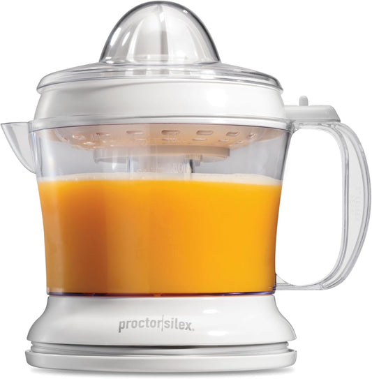 Proctor Silex Electric Citrus Juicer Machine, Large 34 oz. Pitcher, Pressure Activated, 2 Reamers for Big and Small Fruit, Pulp Control, for Orange, Lemon, Grapefruit Juice, White & Green (66340)