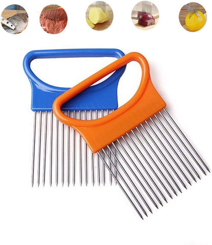 2Pcs Onion Holder Slicer, Stainless Steel Tomato Lemon Potato Vegetable Holder Slicer Cutter Tool for Kitchen Worker Slicing