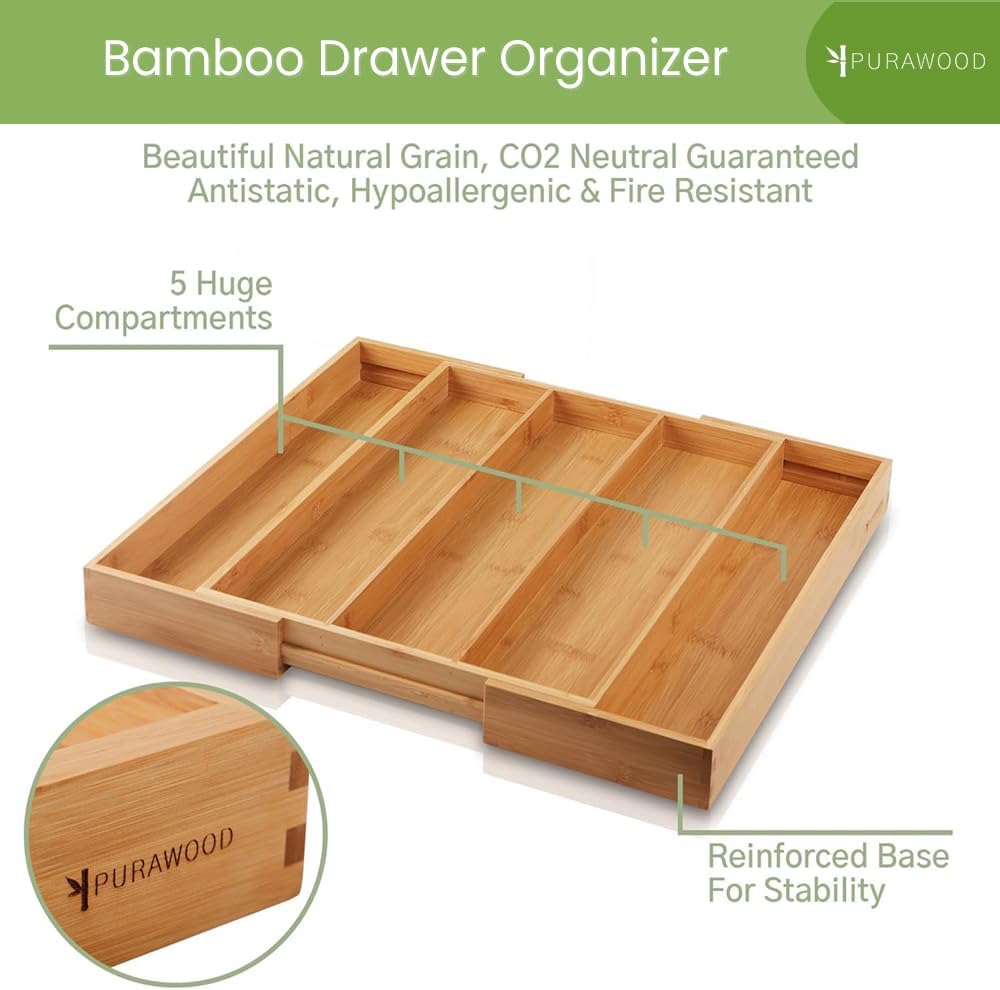 Purawood Bamboo Drawer Organizer - Expandable Silverware Organizer & Utensil Drawer Organizer, Cutlery Tray with Dividers, 7-9 Slots- Kitchen Organizer for Utensils & Flatware (Natural)