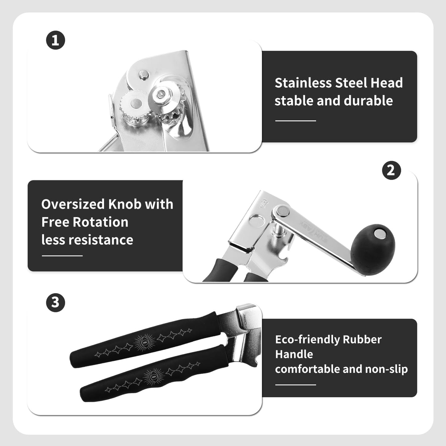 Manual Can Opener with Magnet, Heavy Duty Hand Can and Bottle Opener with Stainless Steel Blade and Rubber Grip, Smooth Cutting Hand Can Openers for Senior, Magnetic Lid Remover Kitchen Tool (Black)