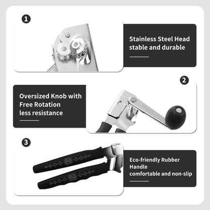 Manual Can Opener with Magnet, Heavy Duty Hand Can and Bottle Opener with Stainless Steel Blade and Rubber Grip, Smooth Cutting Hand Can Openers for Senior, Magnetic Lid Remover Kitchen Tool (Black)