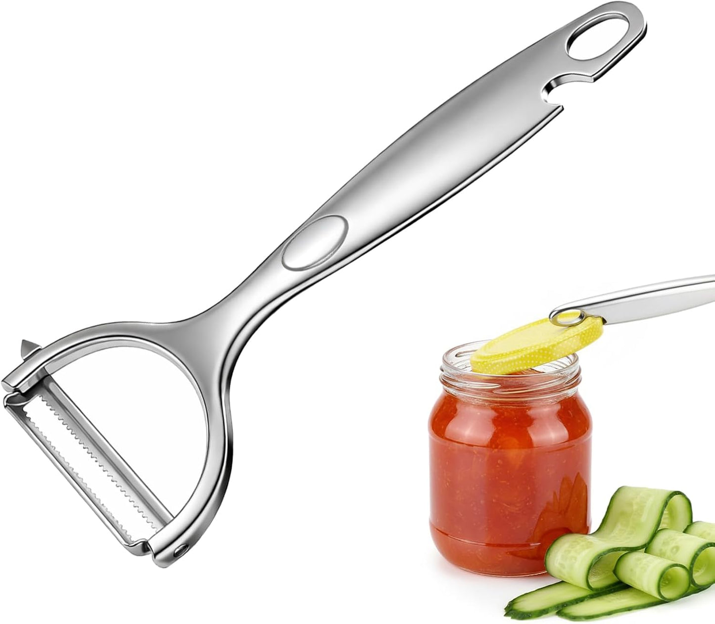 Premium Stainless Steel Vegetable Peeler with Swivel Blade & Bottle Opener - Ultra Sharp Potato Apple Peeler, Ergonomic Handle, Dishwasher Safe, Silver