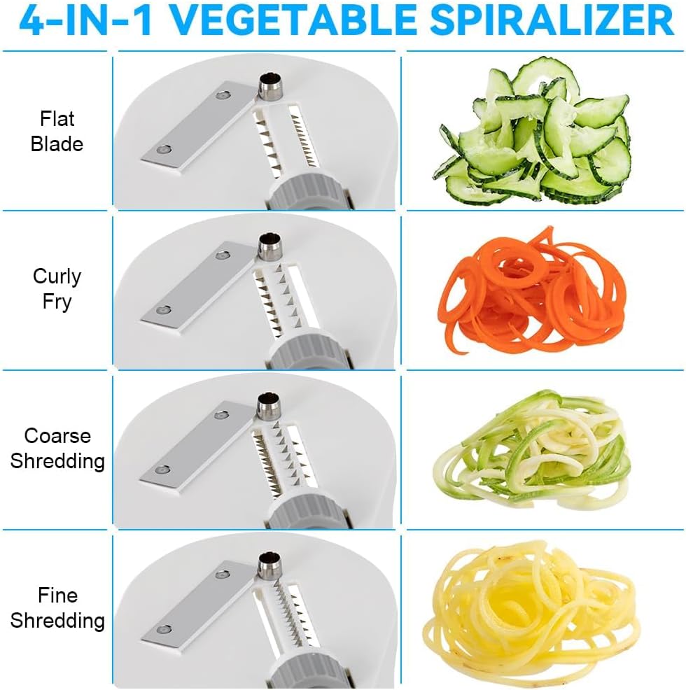 Vegetable Spiralizer 4in1 Rotating Blade Veggie Spiralizer Zucchini Noodle Maker with Strong Suction Cup Spiral Vegetable Cutter Slicer