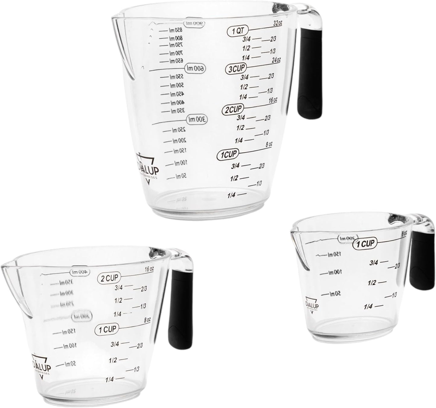Dalup Measuring Cup Set – Clear Plastic Liquid Measuring Cups (8/16/32 oz) with Spout & Non-Slip Handle | 3-Piece Plastic Measuring Cup Set for Liquids & Dry Ingredients