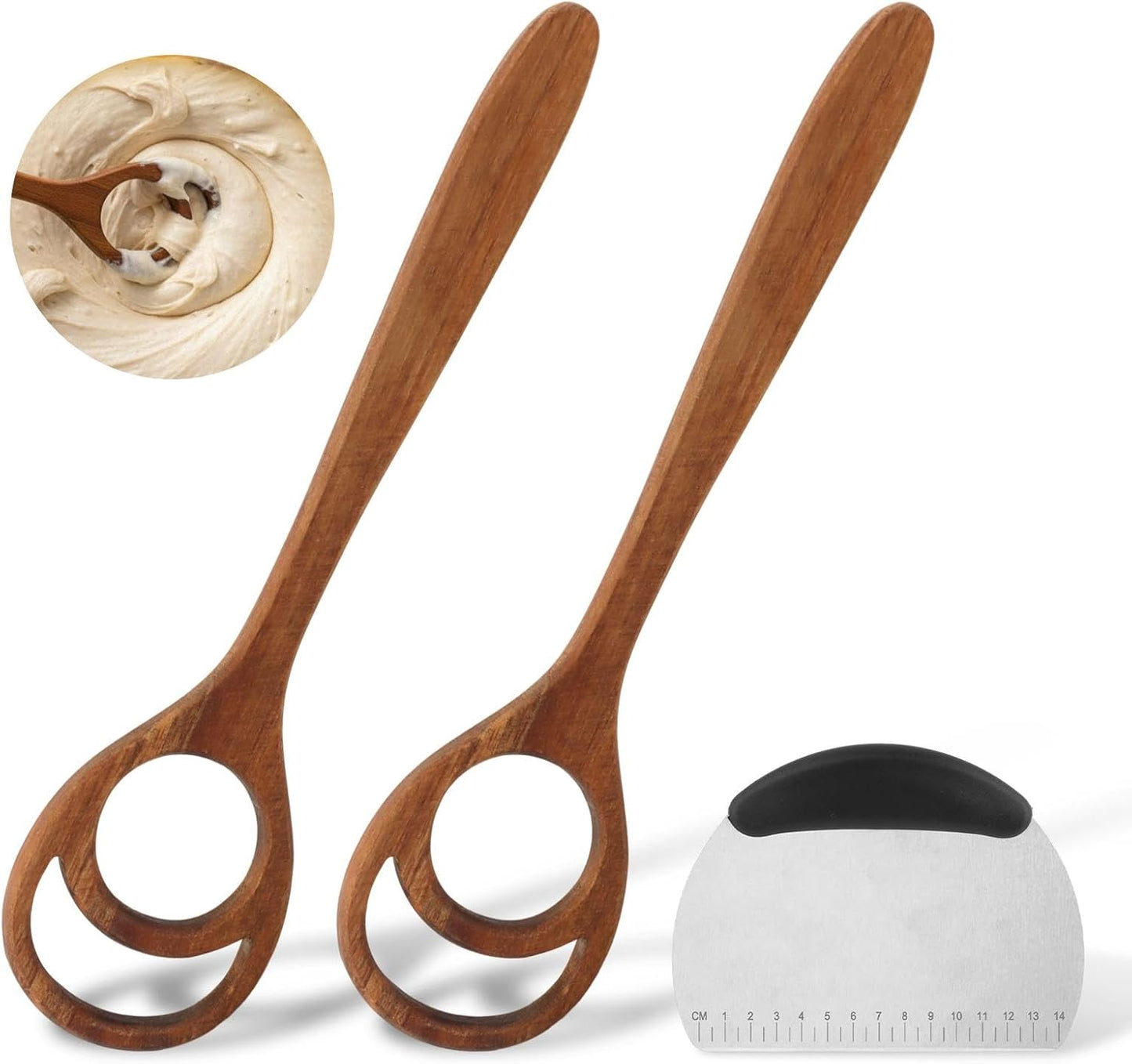 2 Pack 13 Inch Danish Dough Whisk, One-Piece Solid Wood Sourdough Mixing Tool for Bread Dough, Pizza and Pancake Batter, Hand Mixer with Dough Cutter