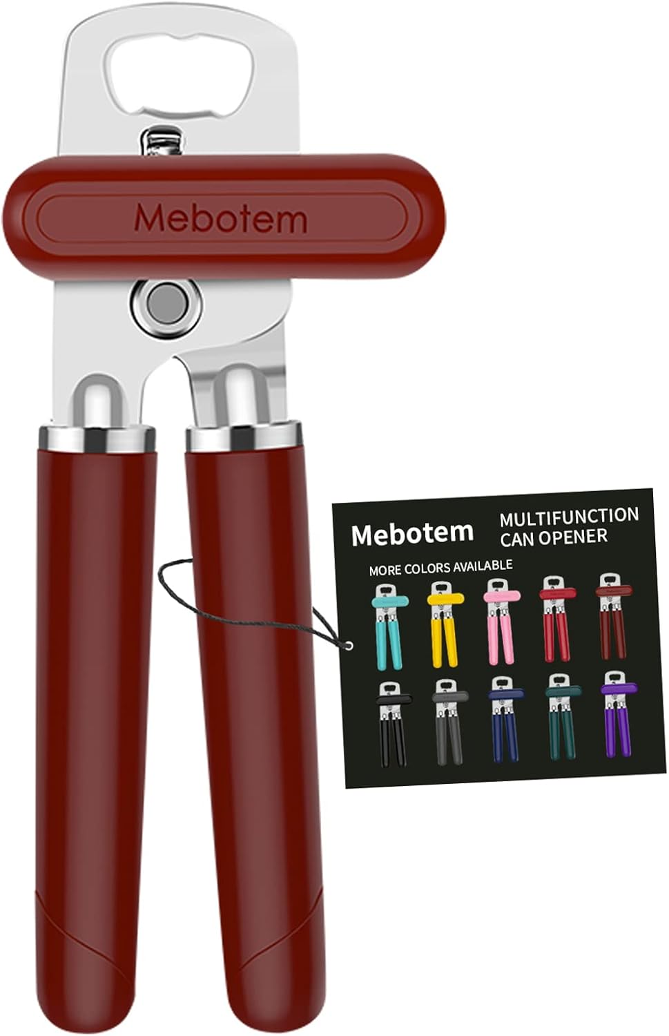 Mebotem 10 Colors Can Opener Manual Handheld Heavy Duty Hand Can Opener Smooth Edge Stainless Steel Can Openers Top Lid Kitchen Gadgets, Best Large Rated Easy Turn Knob, with Bottle Opener, Burgundy