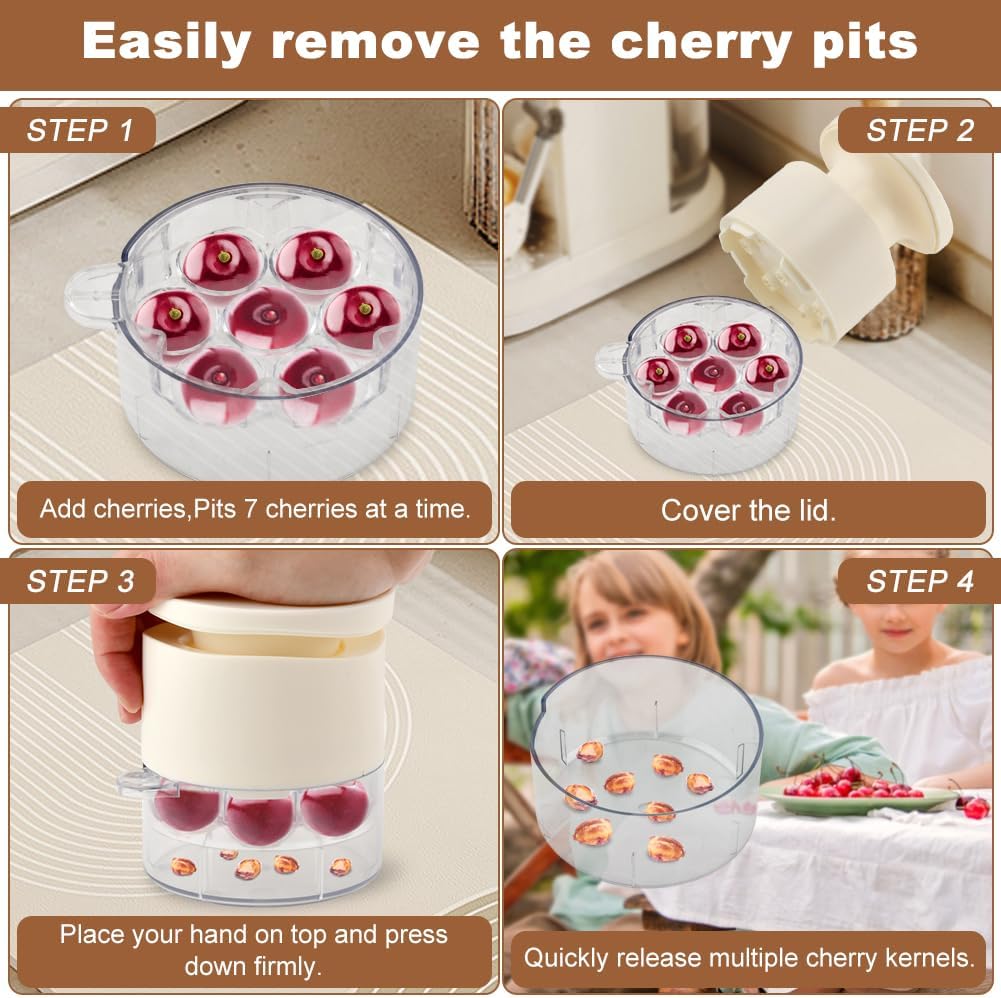 7-Hole Cherry Pitter, Multi-Function Pitting Tool, Quick Release Multi Cherries Stoner Pitter 7-in-1, Fruit Pit Remover for Making Jam Cherry Dishes, Saving Time & Effort(COLOR:Beige)