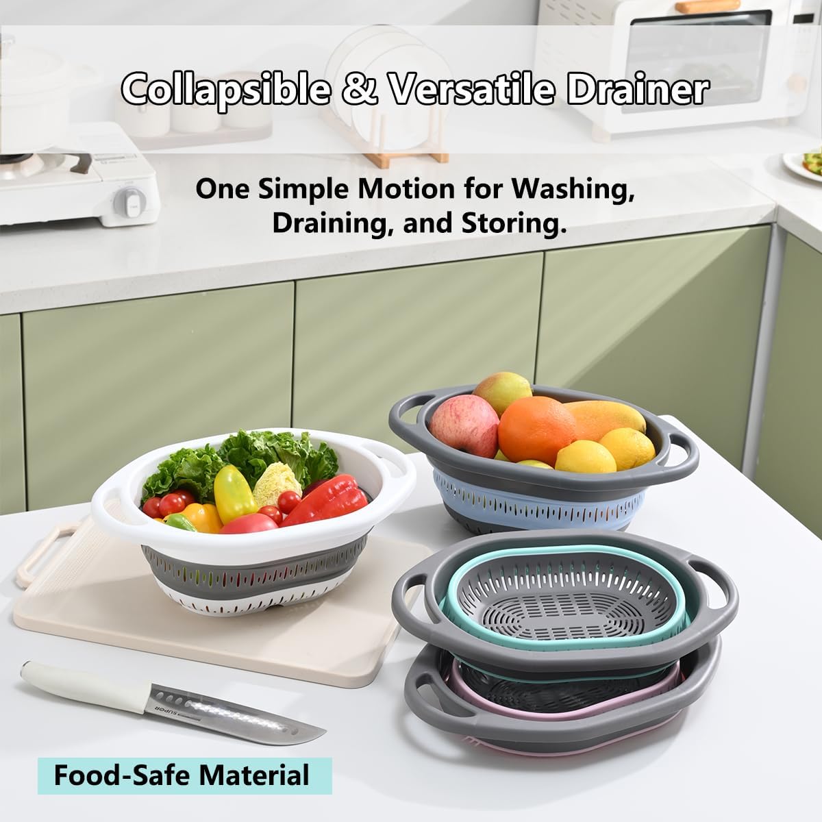 Collapsible Colander and Strainer,Silicone Strainer Colanders & Food Strainers,for Vegetable and Fruit, Kitchen Essentials (2, Blue, 1.3L+2.5L)