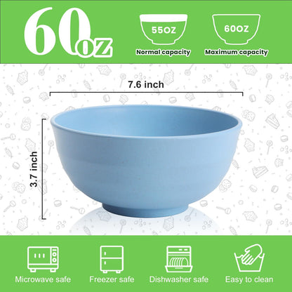 Wheat Straw Bowls Set with Lids, Unbreakable 40 OZ Cereal Bowls Set of 4, Salad Container for Lunch, Microwave & Dishwasher Safe Bowl Set for Kitchen, Picnic, RV, Camping, Multi