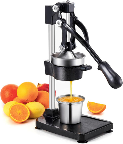 TONGCHANT Manual Juicer, Heavy Duty Cast Iron Juicer | Hand Press Juicer for Orange Lemon Lime Pomegranate & Citrus Fruits, High Leverage for Easy Juicing, Stainless Steel Cup, Easy to Clean, Black