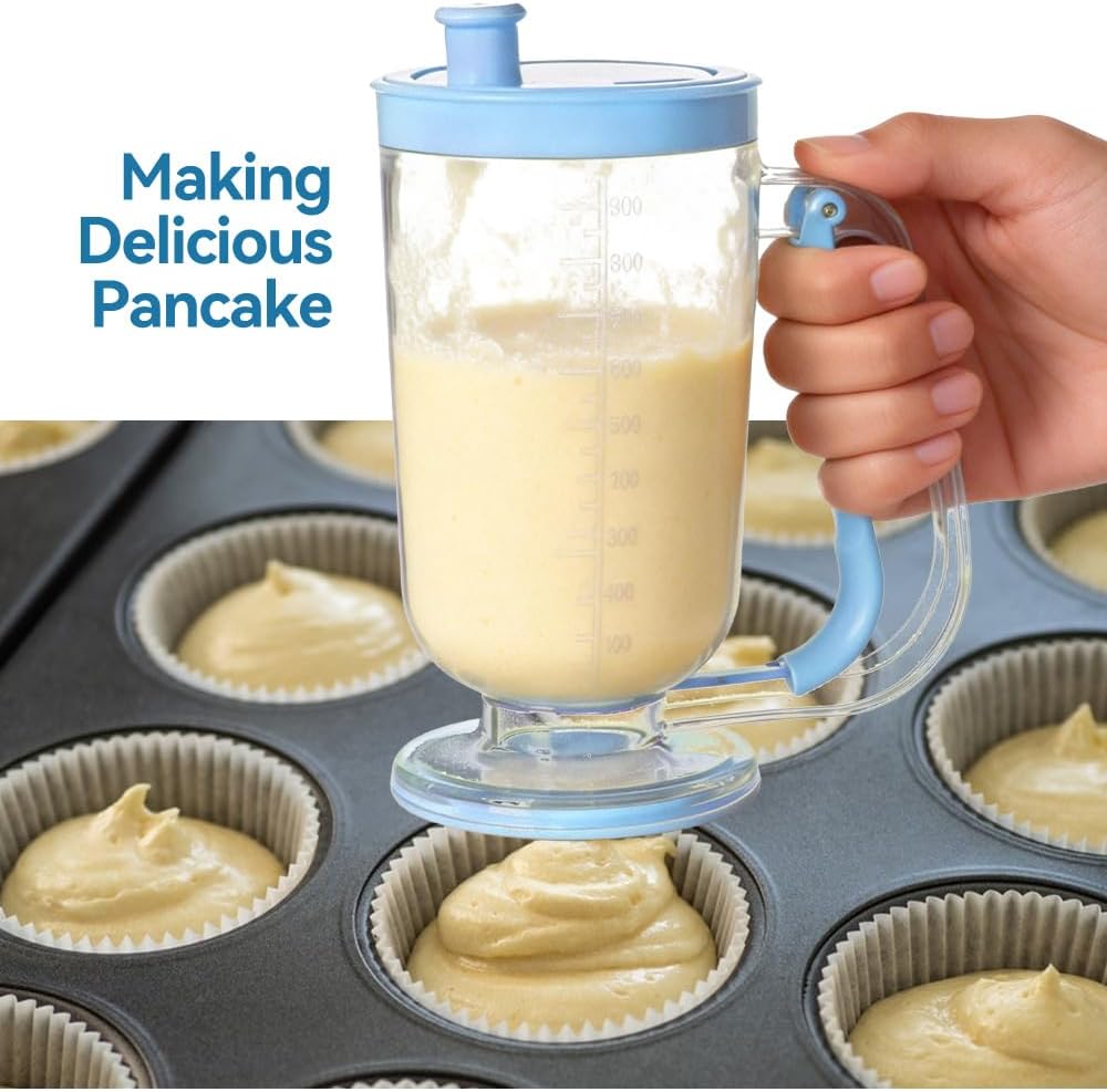 Pancake Batter Dispenser with Built-in Mixer Handle - No-Drip Handheld Funnel for Pancakes, Baking, Waffles, Cupcakes & Muffins - Easy Squeeze Baking Tool for Perfect Portions