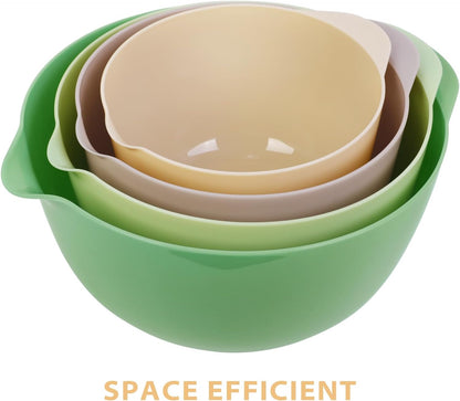 BoxedHome Green Ombre Nesting Plastic Mixing Bowl Set With Pour Spout, Microwave and Dishwasher Safe, BPA free Non-Slip Base, Set of 4 Size 1.7, 2.5, 3.5 and 4.5qt, Great for Prepping, Baking, Cooking