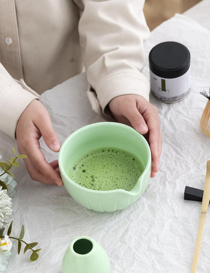 TANG PIN Matcha Set - Match Bowl and Whisk, 15 OZ, Matcha Scoop | Matcha Whisk Stand (Chasen Holder) - 4pc Perfect Matcha Kit for Matcha Tea Ceremony (Mottled Green)
