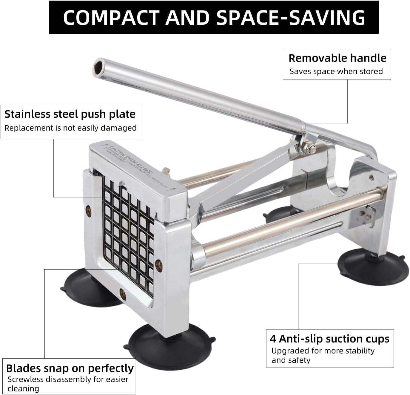 French Fry Cutter,Potato Slicer,Stainless Steel Cutter Potato,1/2-inch, 3/8-inch Blades,Removable Handle and 4 Suction Feet For Potatoes, Carrots, Cucumbers, Onions