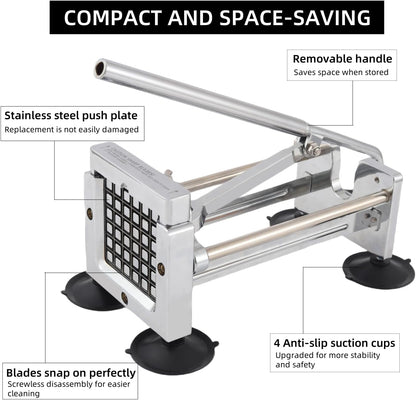 French Fry Cutter,Potato Slicer,Stainless Steel Cutter Potato,1/2-inch, 3/8-inch Blades,Removable Handle and 4 Suction Feet For Potatoes, Carrots, Cucumbers, Onions