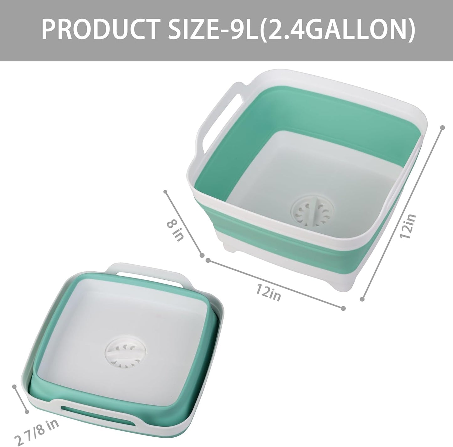 Tiawudi Dishpan for Washing Dishes, 2.4Gal/9L Wash Basin with Draining Plug Carry Handles, Collapsible Bucket for Cleaning, Portable Sink, Foldable Plastic Tub, 1PC