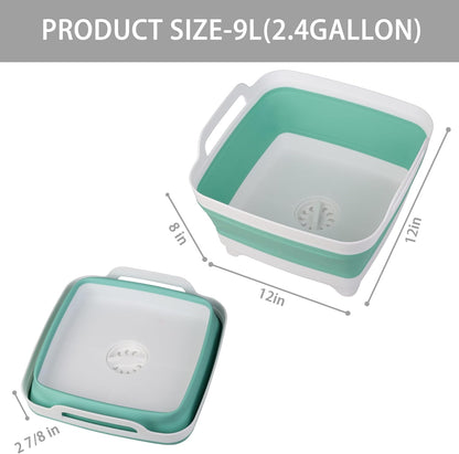 Tiawudi Dishpan for Washing Dishes, 2.4Gal/9L Wash Basin with Draining Plug Carry Handles, Collapsible Bucket for Cleaning, Portable Sink, Foldable Plastic Tub, 1PC
