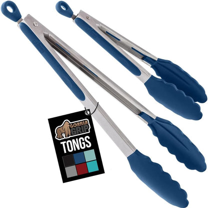 GORILLA GRIP Stainless Steel Heat Resistant Kitchen Tongs for Cooking, Set of 2 BBQ Tong, Non Scratch Silicone Tip for Pans, Strong Grip, Grab Food, Toss Salad, Air Fryer, Pull Lock, 7 + 9 Inch, Black