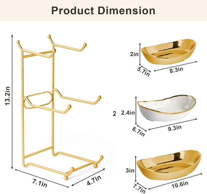 Fruit Bowl for Kitchen Counter, 3 Tier Ceramic Fruit Basket with Metal Stand, Tiered Fruit Stand for Countertop, Modern Multi Serving Bowl for Party Dessert, Vegetable, Snack