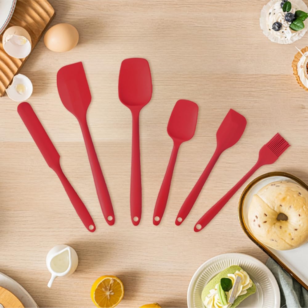 Food Grade Silicone Rubber Spatula Set for Baking, Cooking, and Mixing High Heat Resistant Non Stick Dishwasher Safe BPA-Free Multicolor Set of 6（Red）