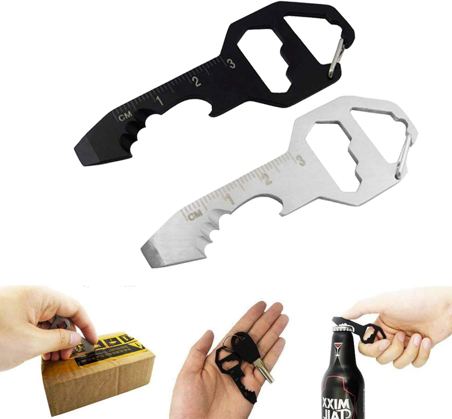 2PCS Keychain Bottle Opener Multi Tool, 100% Stainless Steel EDC Gadget, 6 Tools in 1 [Bottle Opener, Wrench, Screw Driver, Metric Ruler,Cord Cutter] Universal Everyday Carry Pocket and Backpack Tool