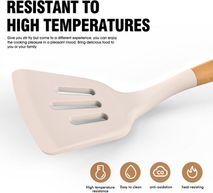 AVGPD Silicone Cooking Utensils Set, Silicone Utensils for Cooking, 446° Heat Resistant Kitchen Utensil Silicone Spatula Sets, Kitchen Gadgets for Non-Stick Cookware BPA FREE (Cream White)
