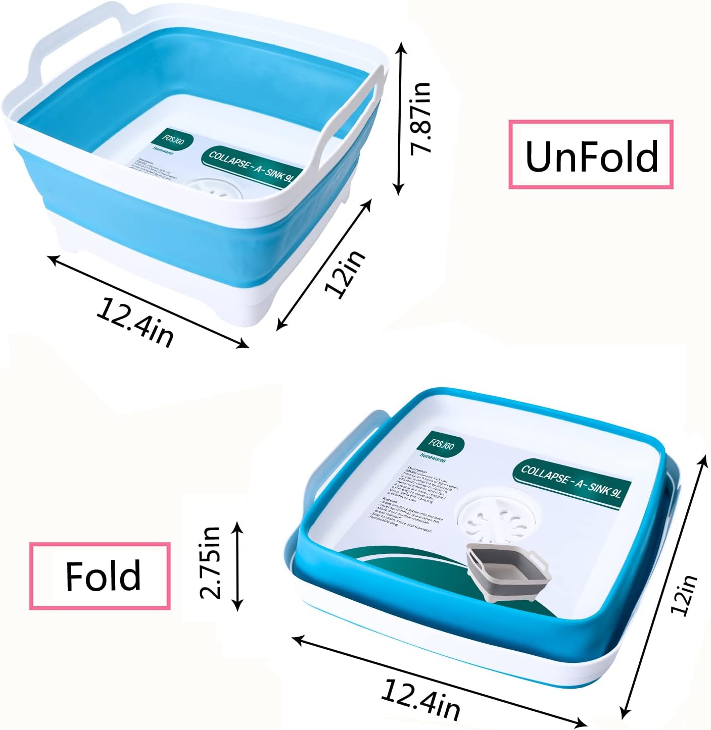 FOSJGO Collapsible Dish Basin with Drain Plug, 2.4 Gal (9L) Space-Saving Foldable Sink, Wash Basin for Kitchen, Baby Bottles, Vegetable Washing, Camping, RV and Party Beverage Tubs