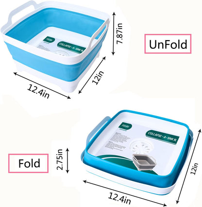 FOSJGO Collapsible Dish Basin with Drain Plug, 2.4 Gal (9L) Space-Saving Foldable Sink, Wash Basin for Kitchen, Baby Bottles, Vegetable Washing, Camping, RV and Party Beverage Tubs