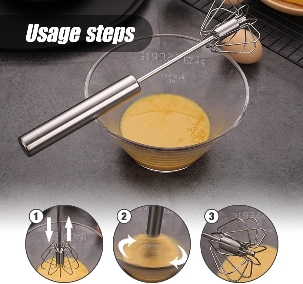 Stainless Steel Semi-Automatic Whisk, 2025 New Egg Whisk Hand Push Rotary Blender, Manual Mixer Stirrer Kitchen Tool for Blending, Whisking, Beating, Stirring (10in)