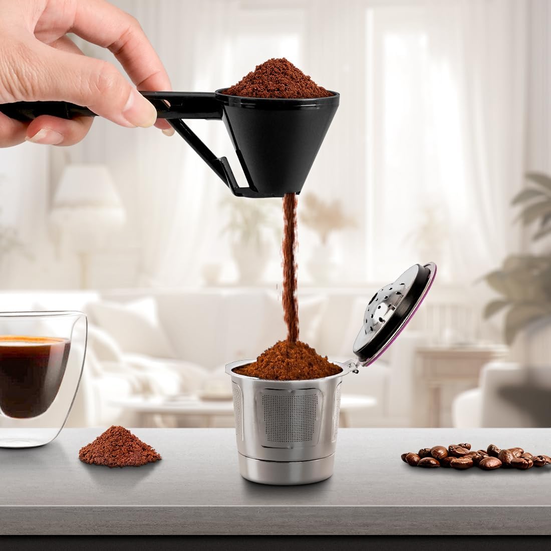 Measuring Scoop with Funnel for Filling Water Bottles with Protein Powder Milk Powder Filling Resuable K Cup Coffee Capsule with Coffee Grounds