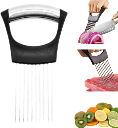 Onion Slicer and Holder Set (2-Pack) - Hands-Free Secure Slicing Tool for Onions, Tomatoes, Potatoes, Avocados, Eggs, Fruits & Meat - Ideal for Home Cooks and Professional Chefs
