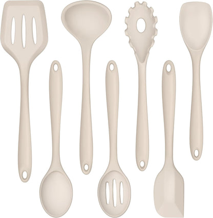 TeamFar Silicone Cooking Utensil Set of 7, Black Kitchen Nonstick Tools Turner Spoon Spatula Ladle Pasta Server for Nonstick Cookware, Healthy & One-Piece, Anti-Heat & Dishwasher Safe