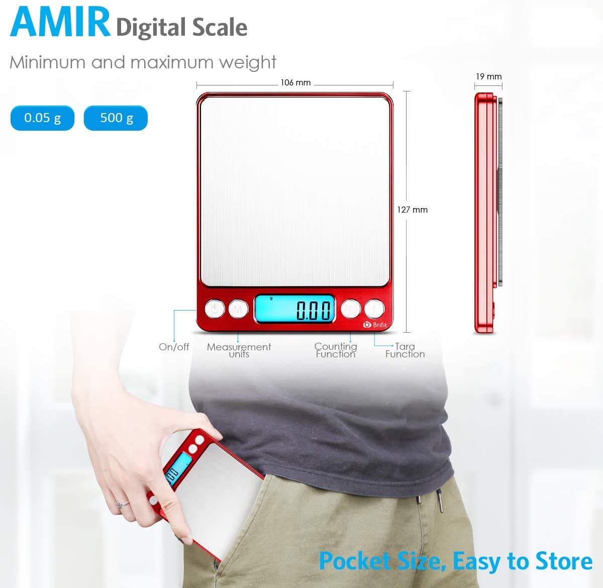 (Upgraded) AMIR Digital Kitchen Scale, 500g Mini Pocket Jewelry Scale, Food Scale, Coffee Scale, Back-Lit LCD Display, 2 Trays, 6 Units, Auto Off, Tare, PCS, Stainless Steel (Batteries Included)