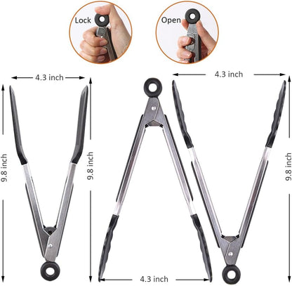 Mini Silicone Serving Tongs Set of 3, Small Kitchen Tongs (7 inch) with Silicone Tips and Stainless Steel Handle, Cooking Tongs for Salads, Pasta, Steaks, Vegetables