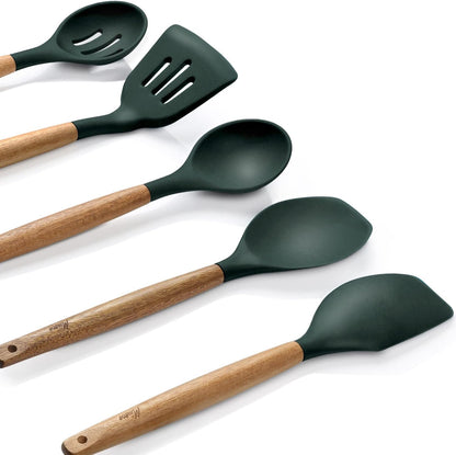 Kitchen Utensils Set, Silicone Cooking Utensils Set,Non-Stick Silicone Spatula Set with Natural Acacia Hard Wood Handle, 5 Piece, Upgraded Thickened Cookware